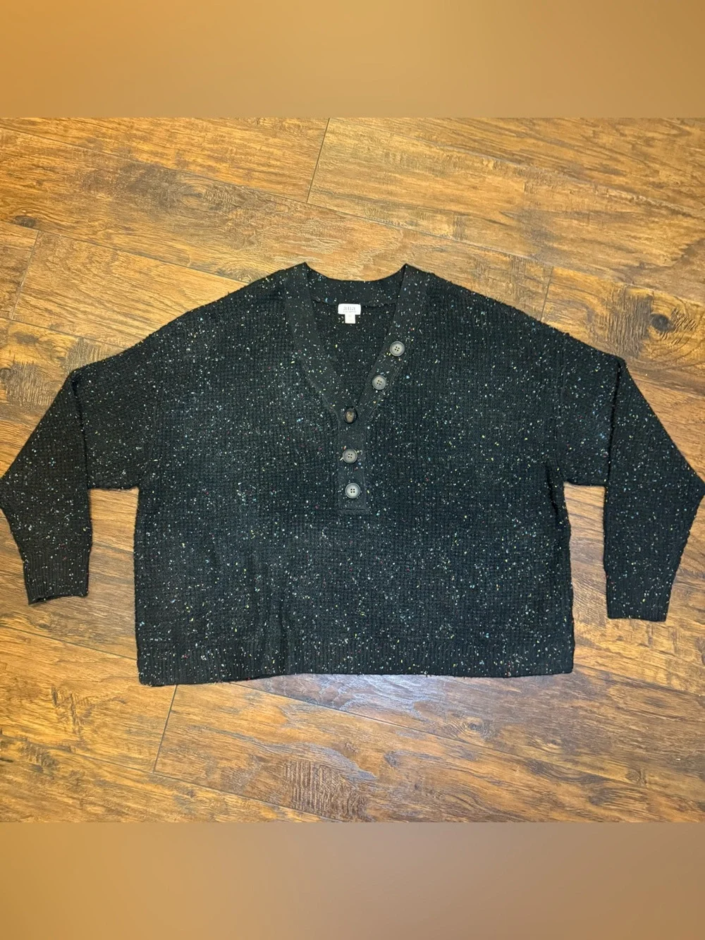 Black Speckled Chunky Knit Henley Sweater XXL Boho Chic Cozy Winter Pullover